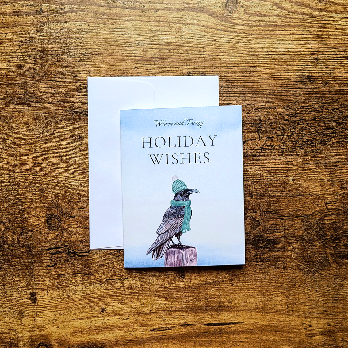 Raven Christmas card, Warm and fuzzy holiday wishes, Festive crow, Holiday Raven Christmas card, Cute animal Christmas card, Gothic raven