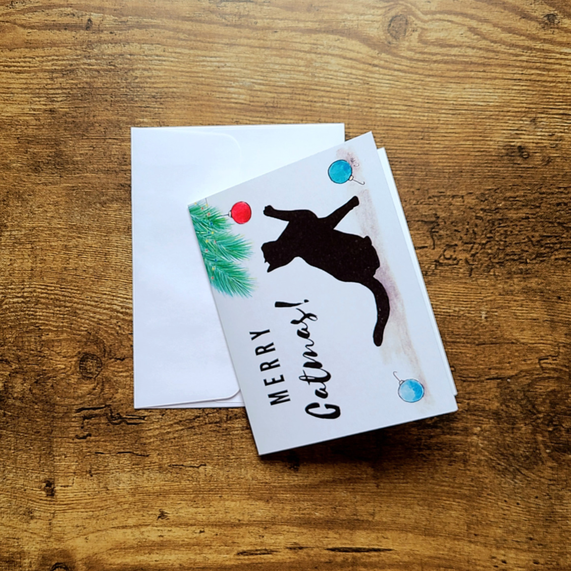 Merry catmas, Black cat Christmas card, Cute cat Holiday card, Cat lover Christmas greeting card, Meowy Christmas, Happy holidays, Cat pun