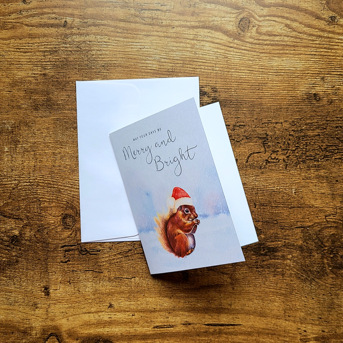 Squirrel Christmas card,Merry and bright card,Santa hat squirrel, Squirrel greeting card, Woodland Christmas card, Cute animal Holiday card,
