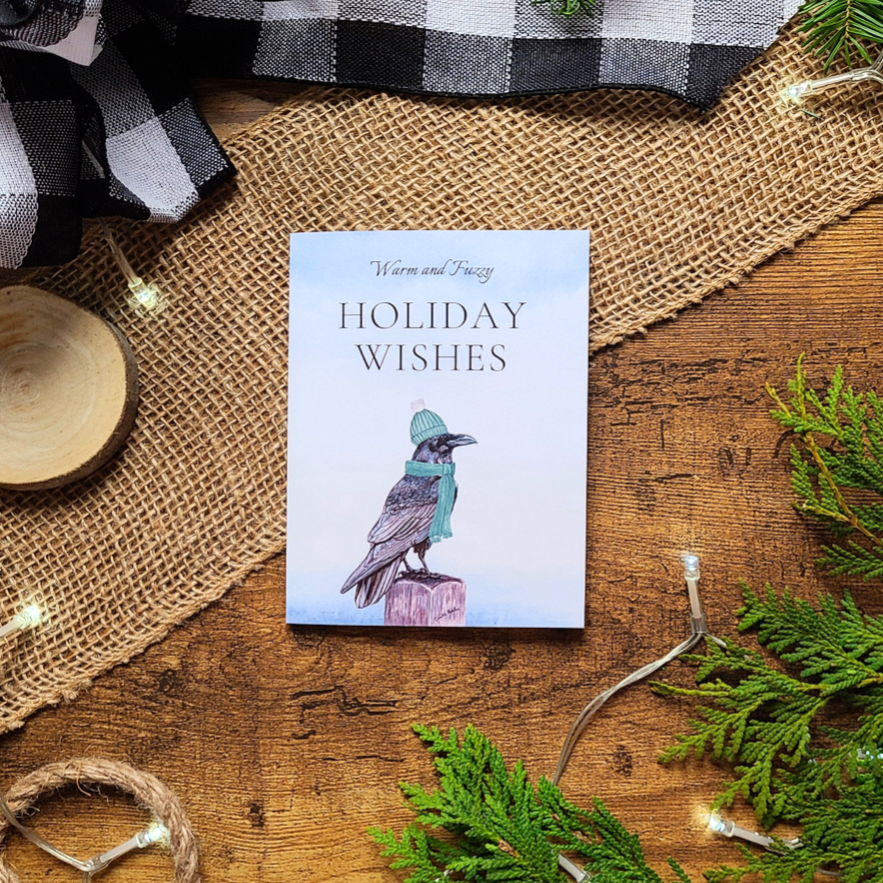 Raven Christmas card, Warm and fuzzy holiday wishes, Festive crow, Holiday Raven Christmas card, Cute animal Christmas card, Gothic raven