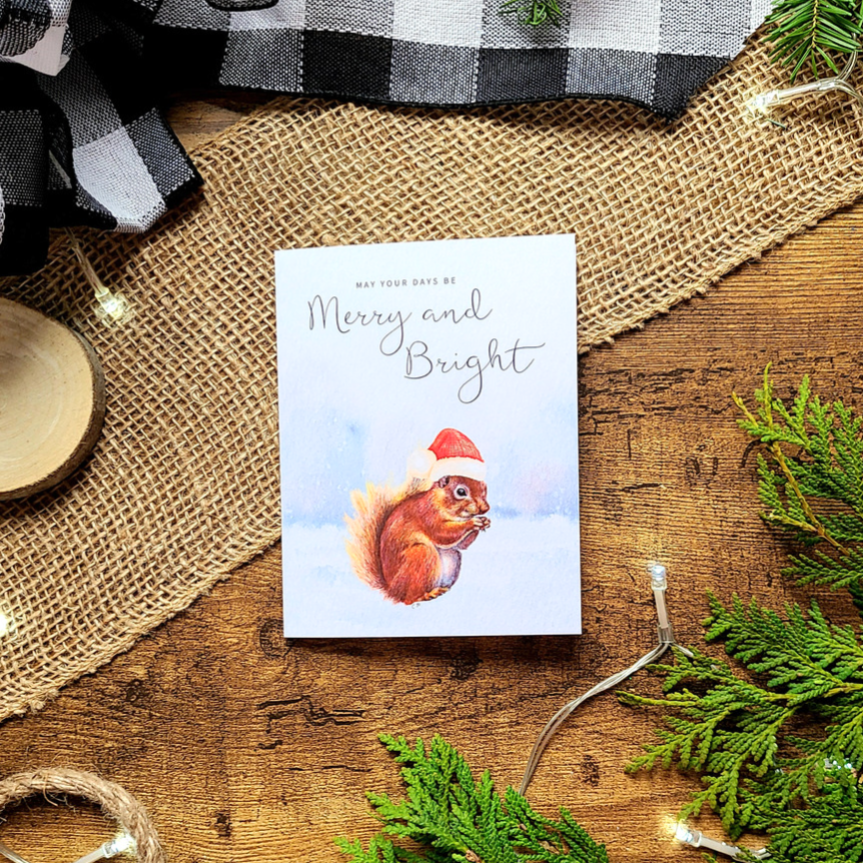 Squirrel Christmas card,Merry and bright card,Santa hat squirrel, Squirrel greeting card, Woodland Christmas card, Cute animal Holiday card,