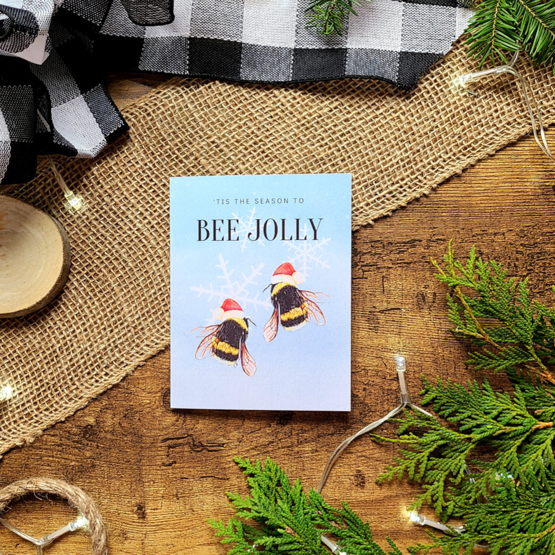 Bee Christmas card, Tis the season to bee jolly, Santa hat bees, Christmas bee, Hap-bee holidays, Cute funny Christmas card, Bee Merry,
