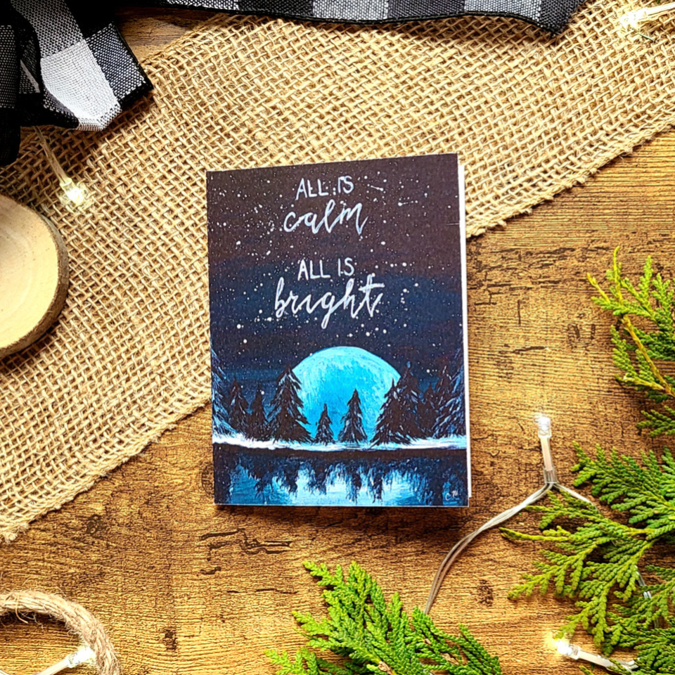 All is calm, All is bright, Silent night Christmas card, Snowy woodland Christmas card, Christmas tree forest card, Outdoorsy holiday card