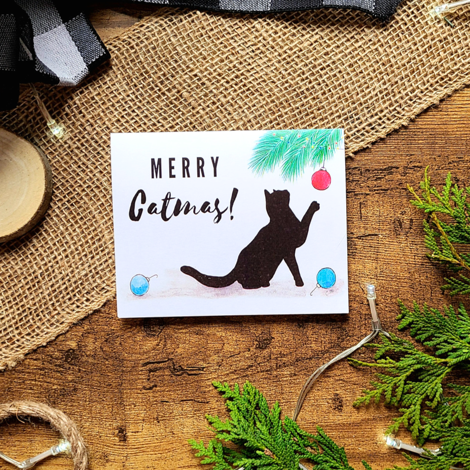 Merry catmas, Black cat Christmas card, Cute cat Holiday card, Cat lover Christmas greeting card, Meowy Christmas, Happy holidays, Cat pun