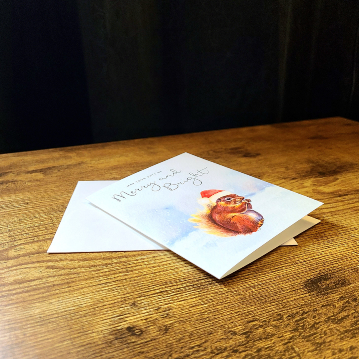 Squirrel Christmas card,Merry and bright card,Santa hat squirrel, Squirrel greeting card, Woodland Christmas card, Cute animal Holiday card,