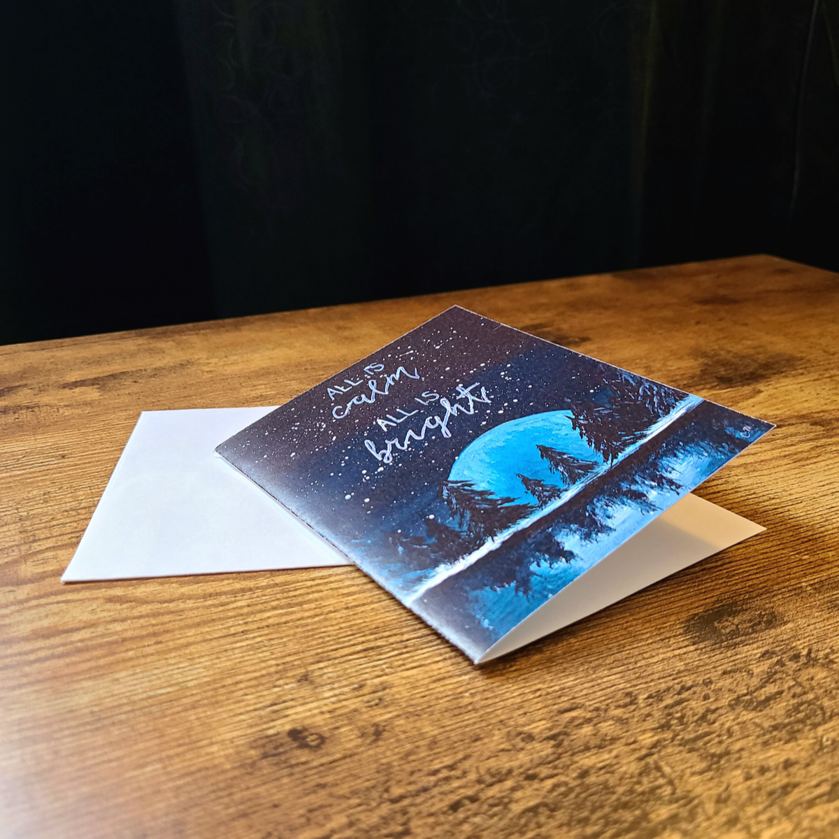 All is calm, All is bright, Silent night Christmas card, Snowy woodland Christmas card, Christmas tree forest card, Outdoorsy holiday card