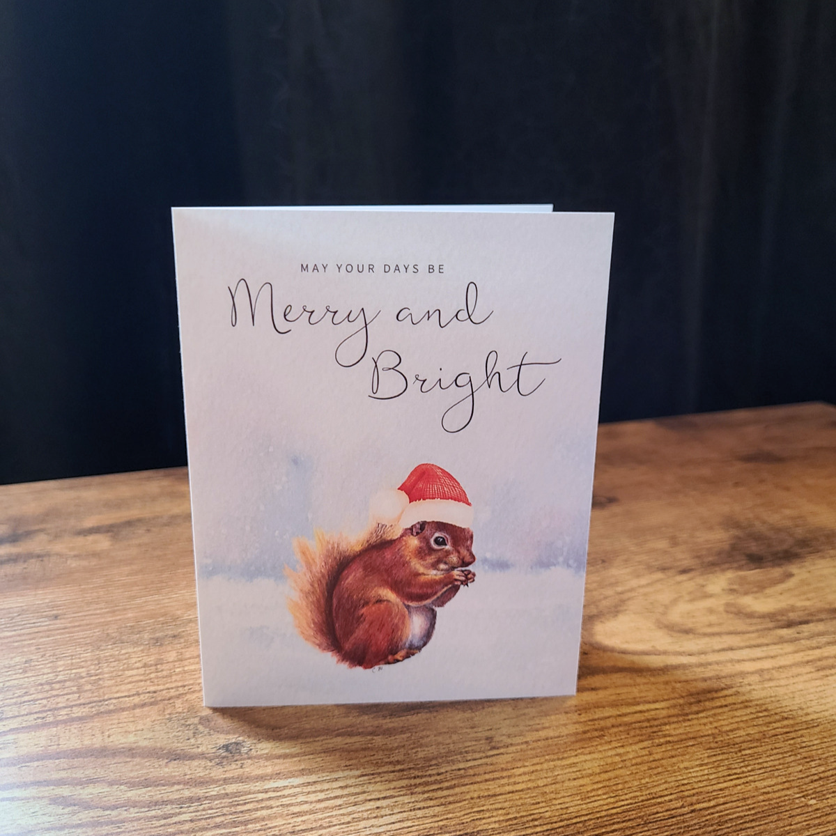Squirrel Christmas card,Merry and bright card,Santa hat squirrel, Squirrel greeting card, Woodland Christmas card, Cute animal Holiday card,