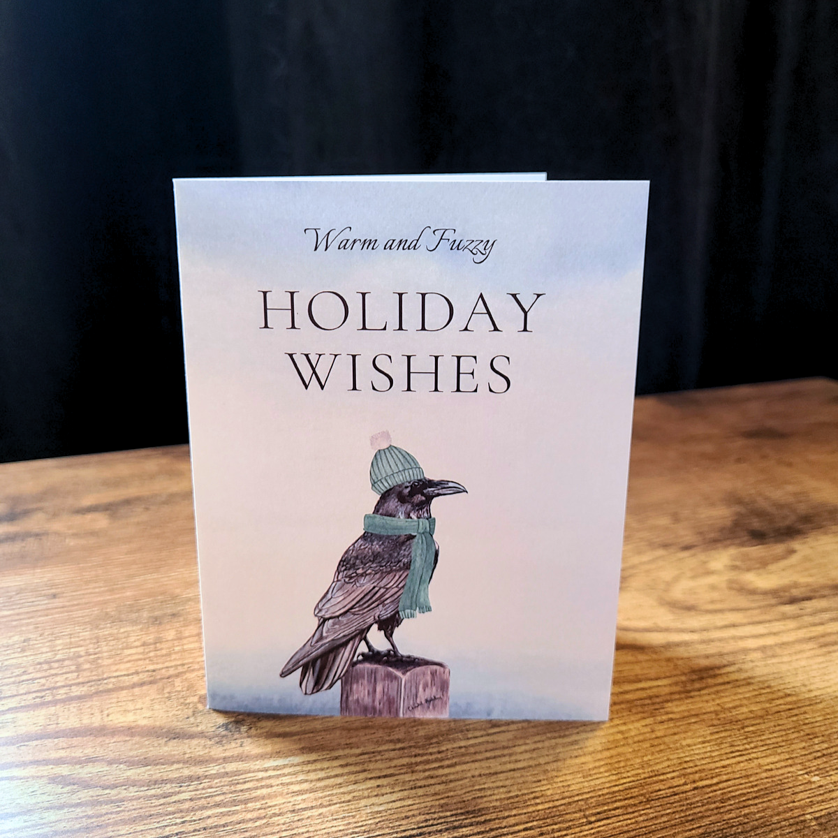 Raven Christmas card, Warm and fuzzy holiday wishes, Festive crow, Holiday Raven Christmas card, Cute animal Christmas card, Gothic raven