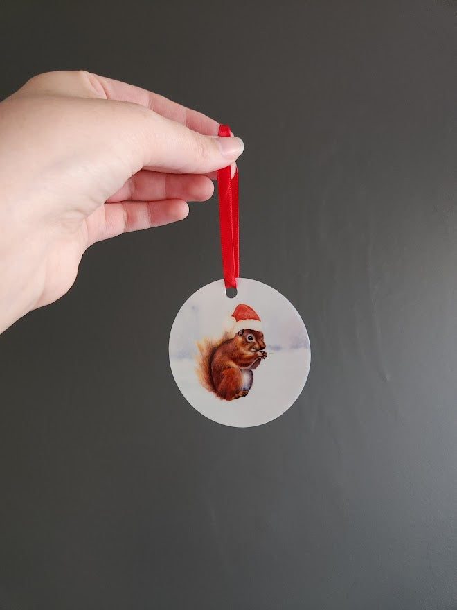 Christmas tree ornament, Cute wildlife metal ornament, Santa hat squirrel, Squirrel ornament for Christmas tree, Holiday home decor