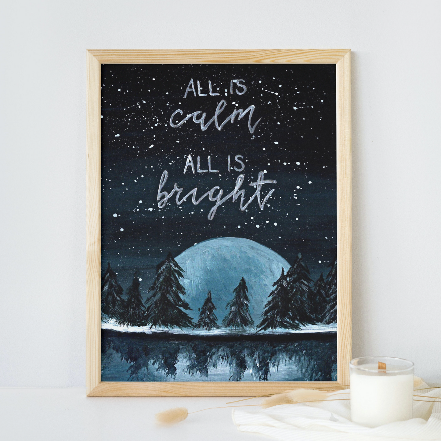 All is calm, All is bright, Silent night Christmas decor, Snowy woodland Christmas print, Christmas tree forest decor, Outdoorsy holiday art