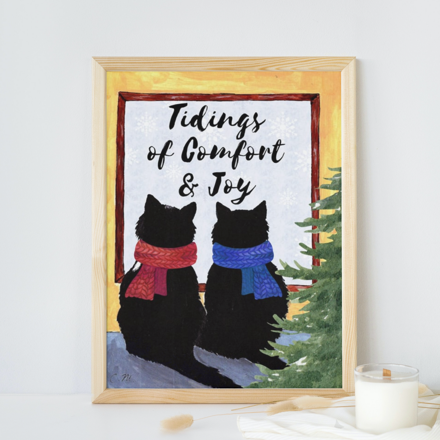 Tidings of comfort and joy, Cozy cats Christmas decor, Cats in scarves decor, Cute cat Holiday art, Cat lover gift, Meowy Christmas decor