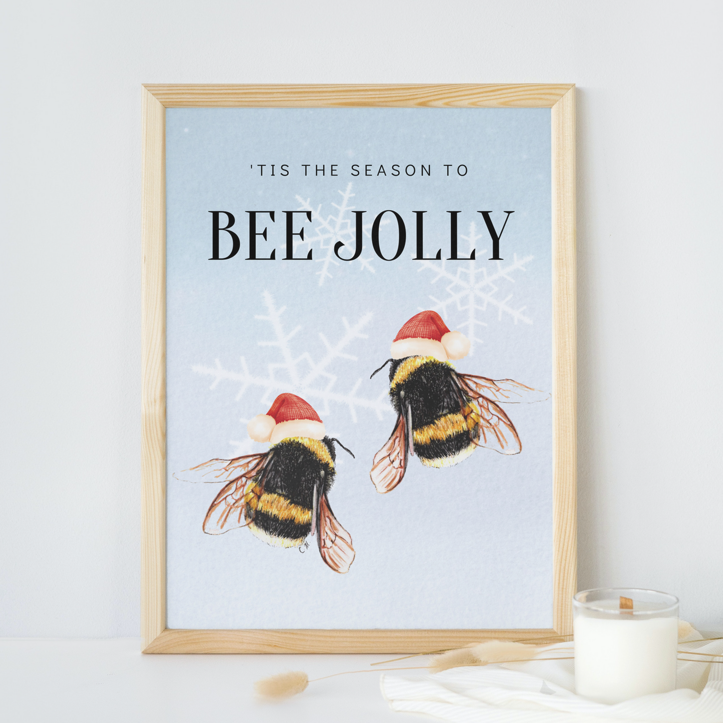 Bee Christmas decor, Tis the season to bee jolly, Santa hat bees, Christmas bee, Hap-bee holidays, Cute funny Christmas decor, Bee Merry art
