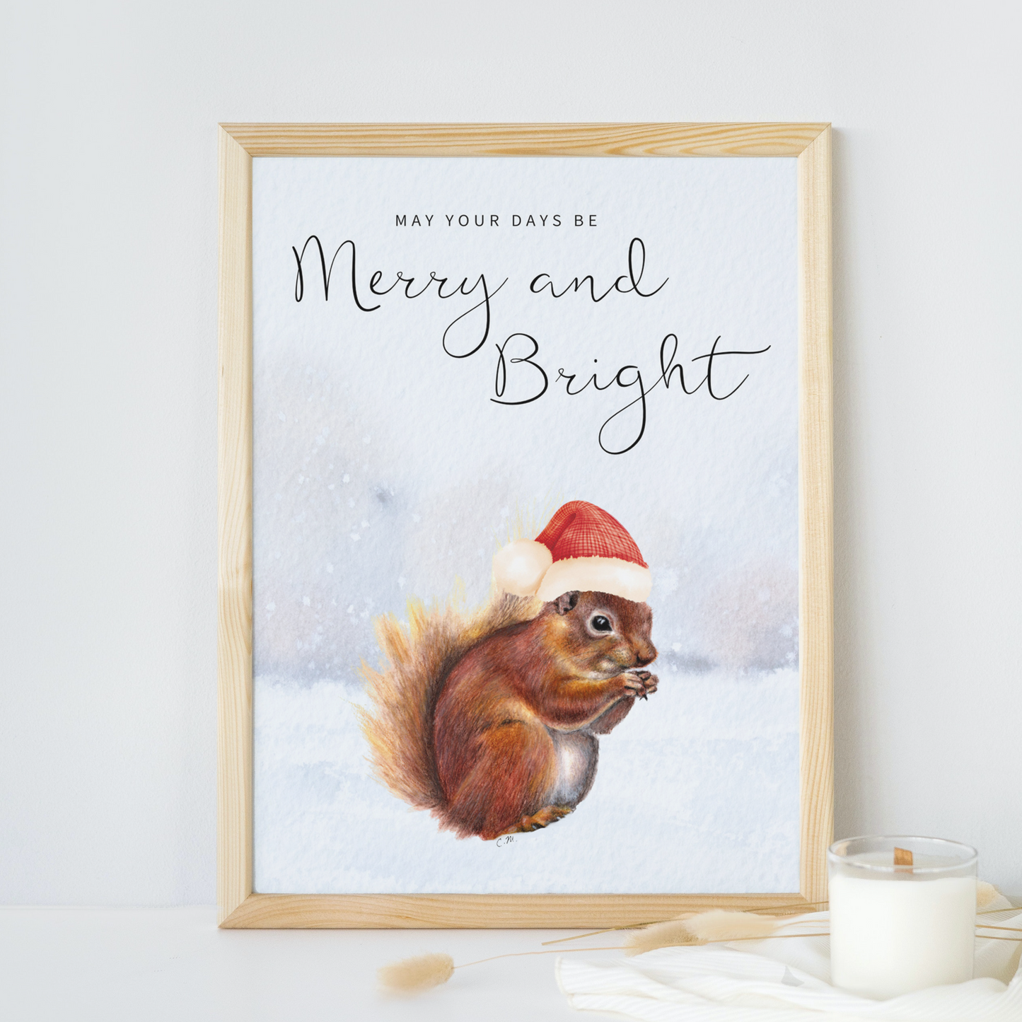 Squirrel Christmas decor,Merry and bright decor,Santa hat squirrel, Squirrel home decor, Woodland animal art, Cute animal Holiday decor