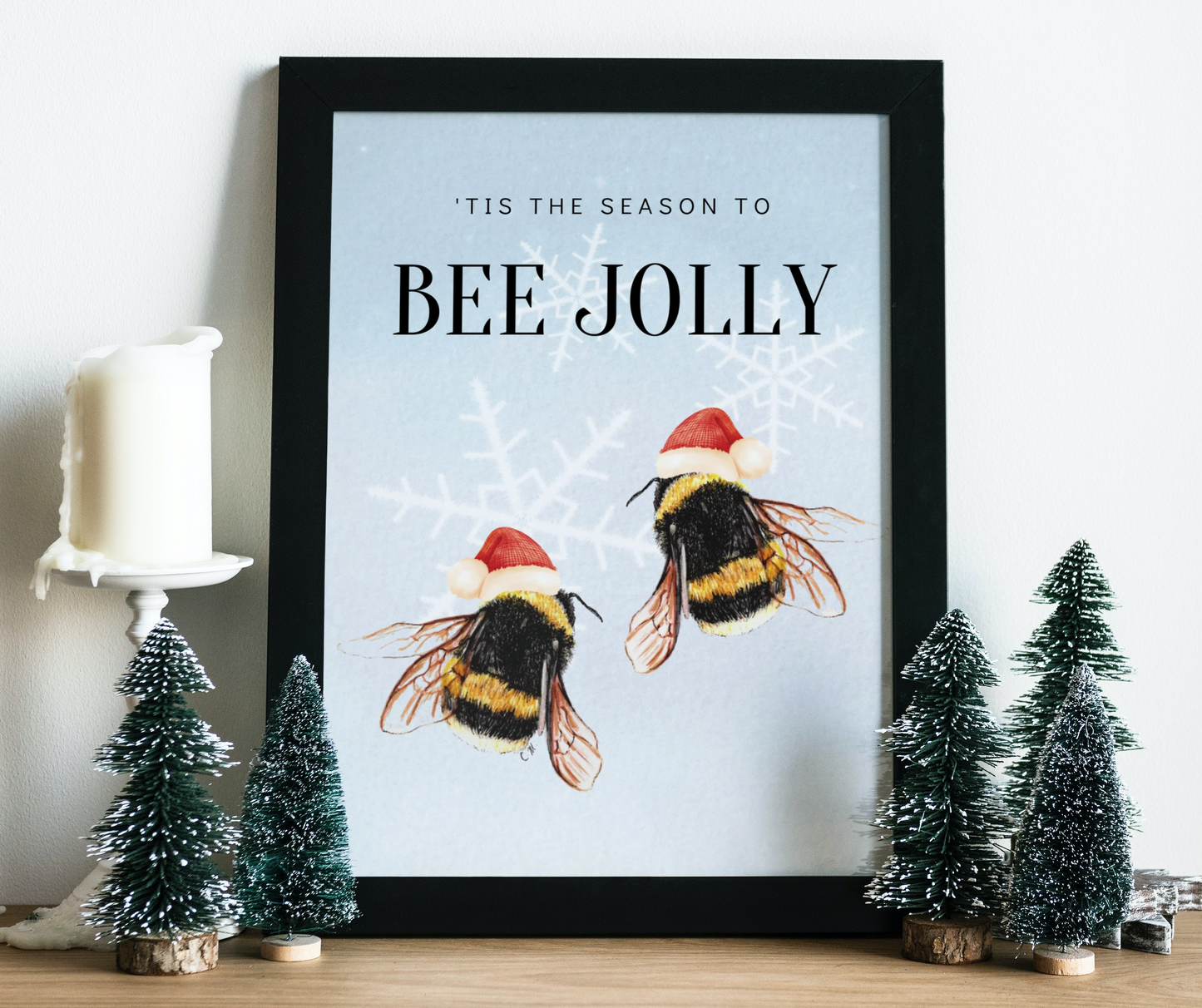 Bee Christmas decor, Tis the season to bee jolly, Santa hat bees, Christmas bee, Hap-bee holidays, Cute funny Christmas decor, Bee Merry art