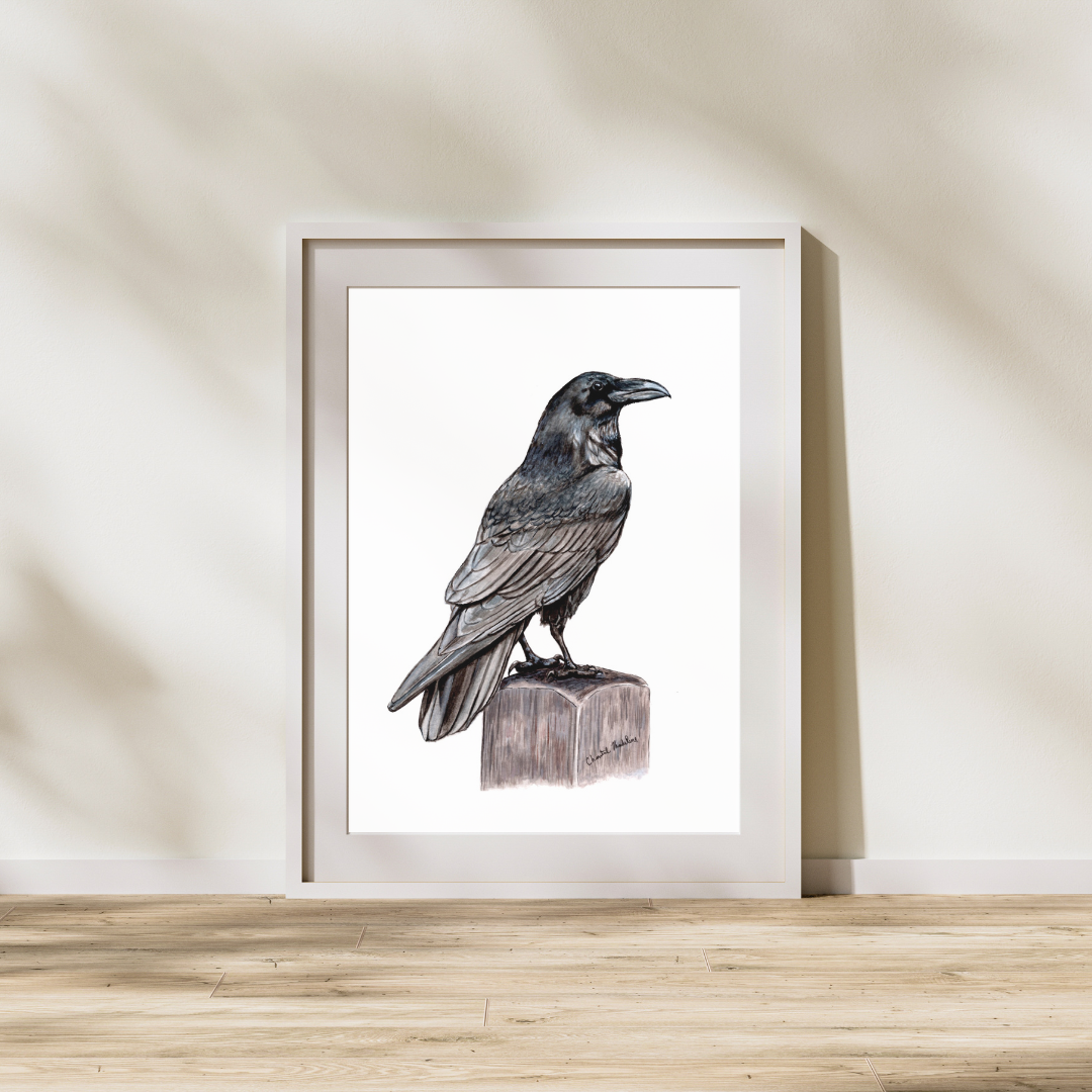 Raven art print, Ink drawing wall art, Raven poster, Gothic decor, Black bird print, Crow art print, Woodland home decor, Living room art