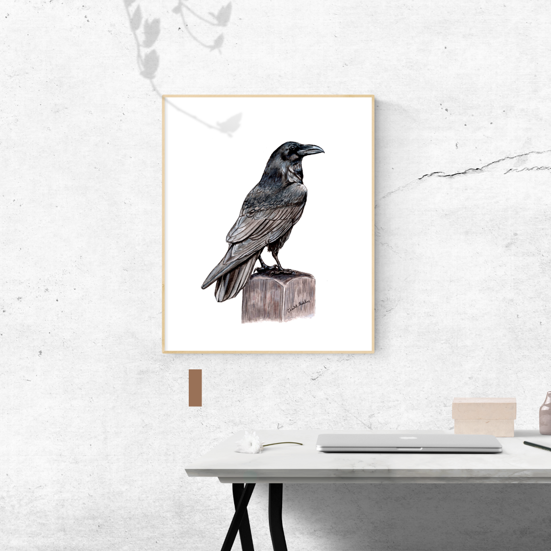 Raven art print, Ink drawing wall art, Raven poster, Gothic decor, Black bird print, Crow art print, Woodland home decor, Living room art