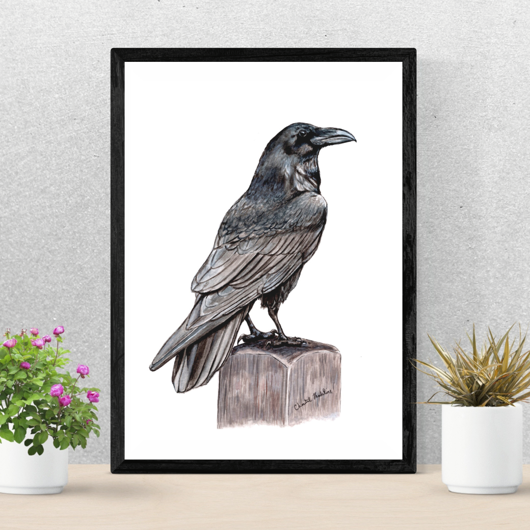 Raven art print, Ink drawing wall art, Raven poster, Gothic decor, Black bird print, Crow art print, Woodland home decor, Living room art