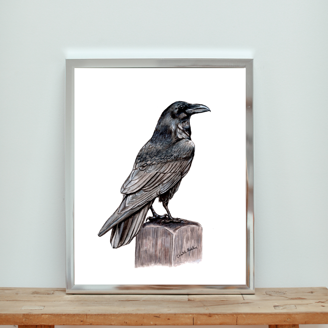 Raven art print, Ink drawing wall art, Raven poster, Gothic decor, Black bird print, Crow art print, Woodland home decor, Living room art