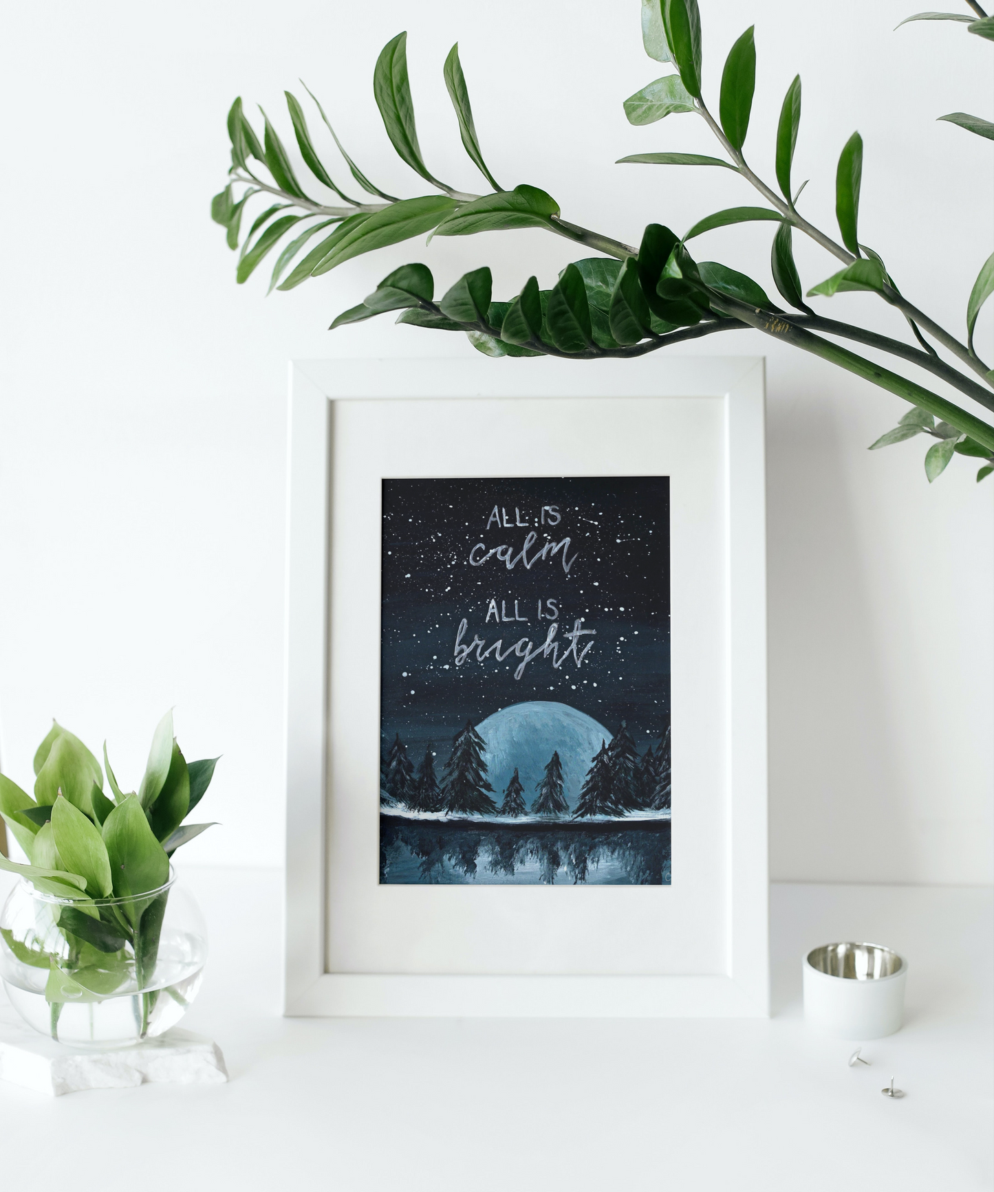 All is calm, All is bright, Silent night Christmas decor, Snowy woodland Christmas print, Christmas tree forest decor, Outdoorsy holiday art