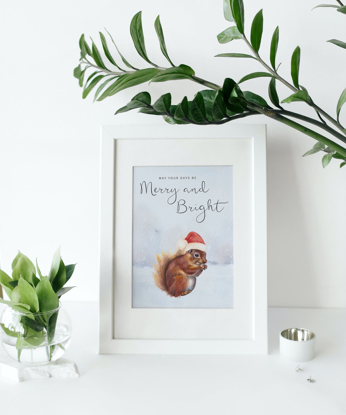 Squirrel Christmas decor,Merry and bright decor,Santa hat squirrel, Squirrel home decor, Woodland animal art, Cute animal Holiday decor