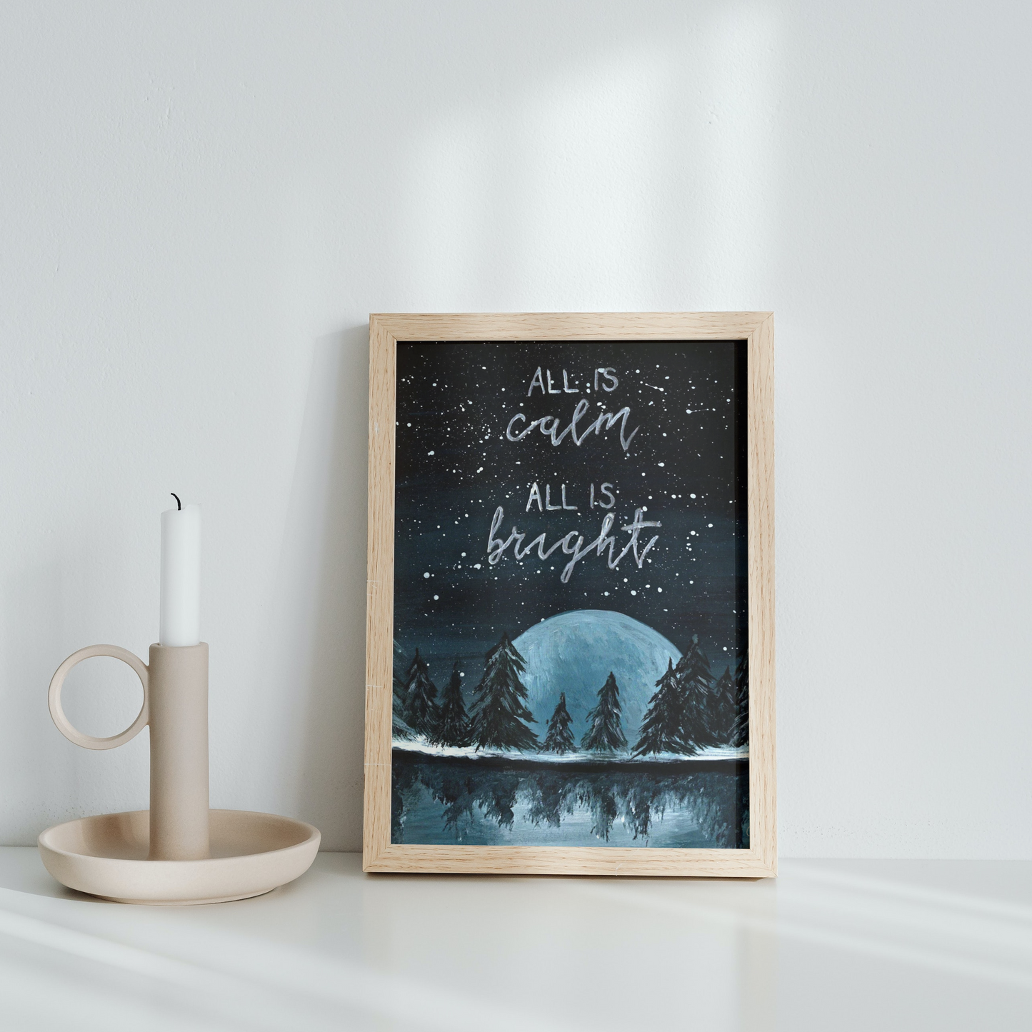 All is calm, All is bright, Silent night Christmas decor, Snowy woodland Christmas print, Christmas tree forest decor, Outdoorsy holiday art