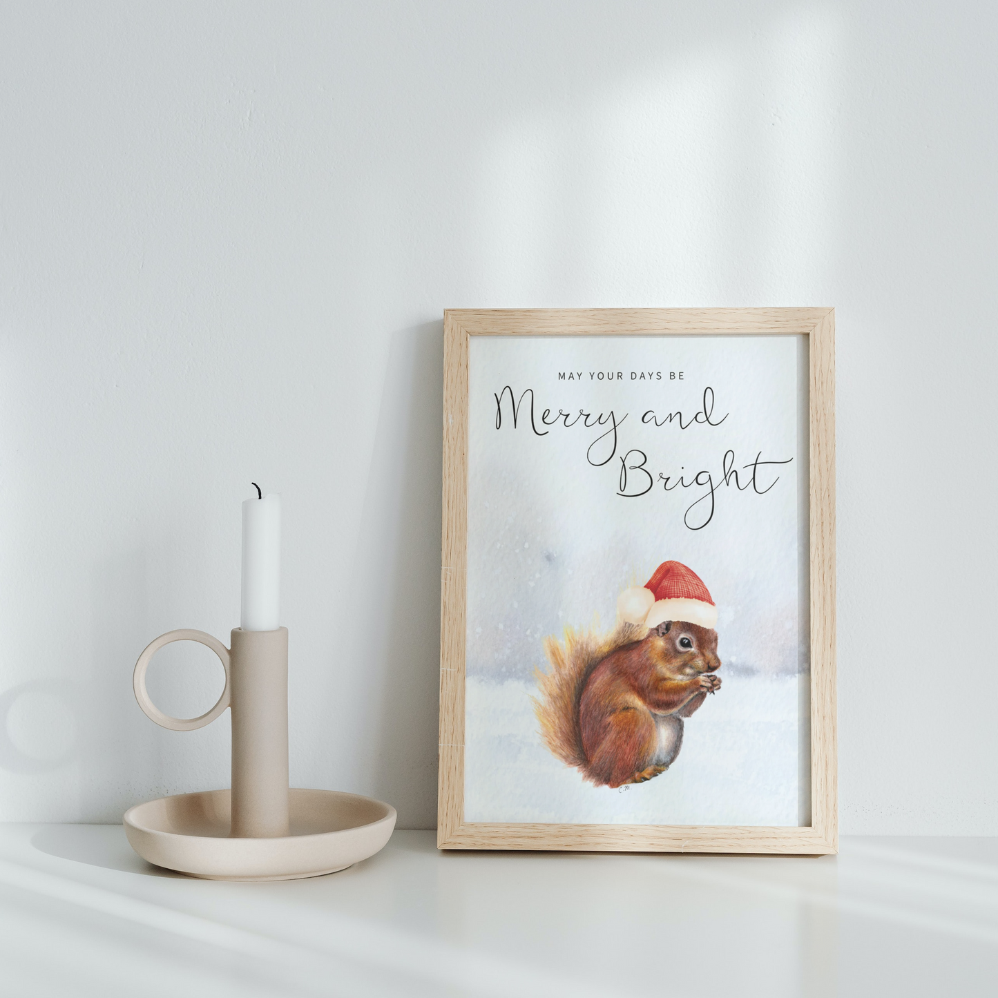 Squirrel Christmas decor,Merry and bright decor,Santa hat squirrel, Squirrel home decor, Woodland animal art, Cute animal Holiday decor