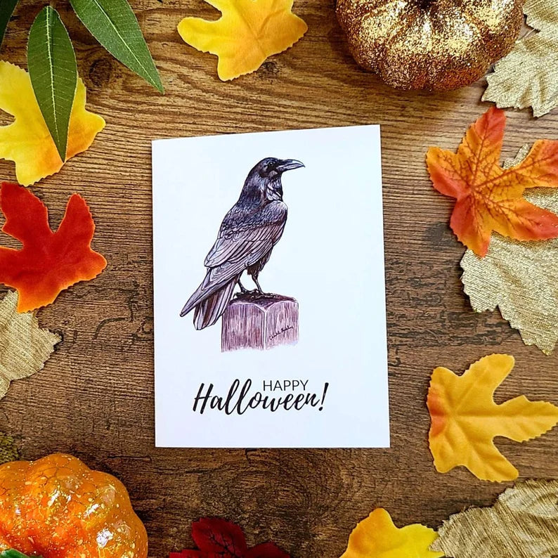 Happy Halloween card raven, Raven art card, Fine art ink drawing, Spooky season raven card, Gothic Halloween card, Witchy card, Crow card