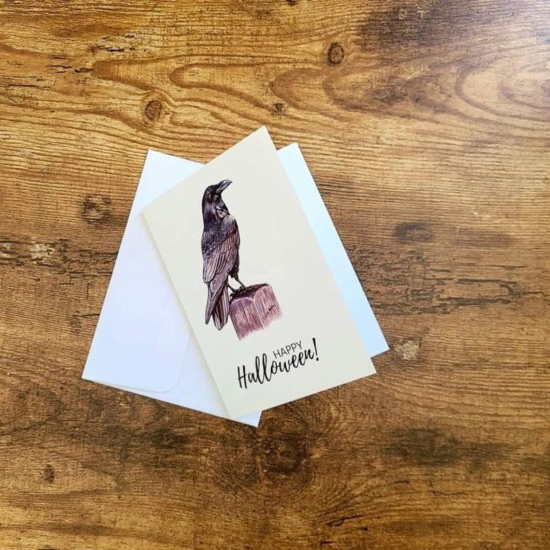 Happy Halloween card raven, Raven art card, Fine art ink drawing, Spooky season raven card, Gothic Halloween card, Witchy card, Crow card
