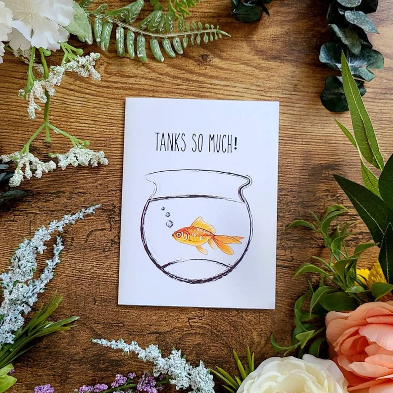 Thank you card, Tanks so much, Fish pun thank you card, Funny thank you card, Appreciation card, Fish lover card, Grateful card, Huge thanks