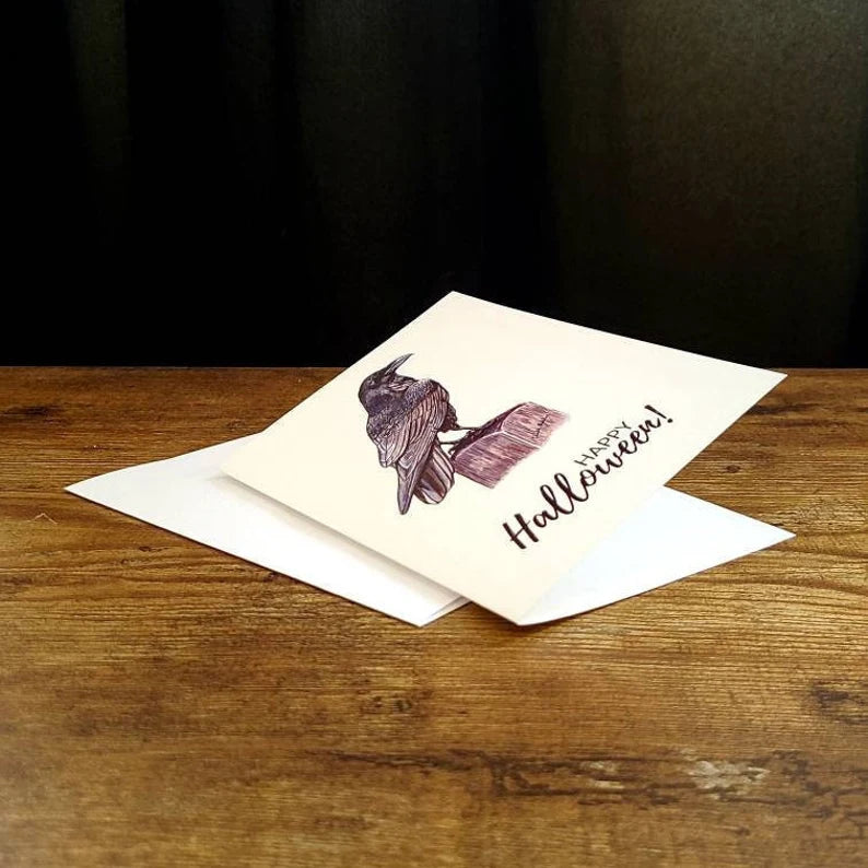 Happy Halloween card raven, Raven art card, Fine art ink drawing, Spooky season raven card, Gothic Halloween card, Witchy card, Crow card