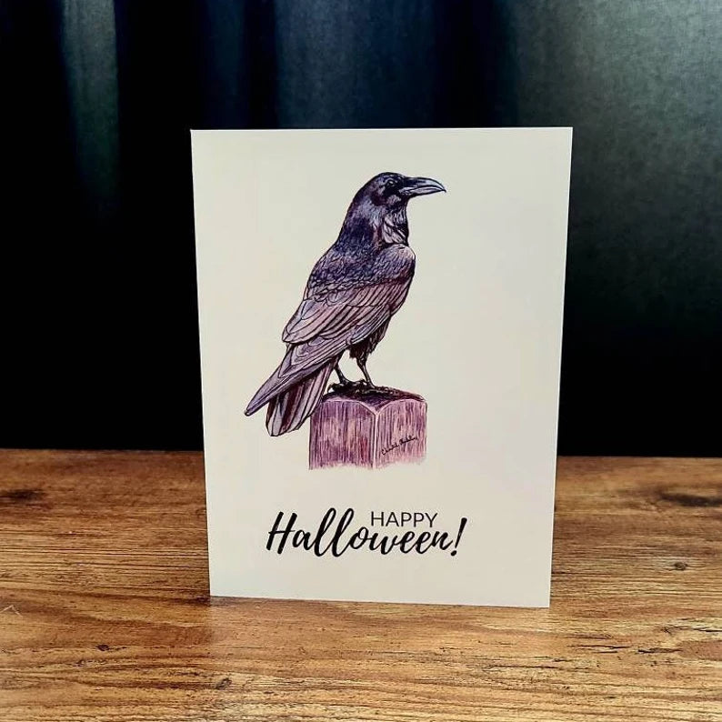Happy Halloween card raven, Raven art card, Fine art ink drawing, Spooky season raven card, Gothic Halloween card, Witchy card, Crow card