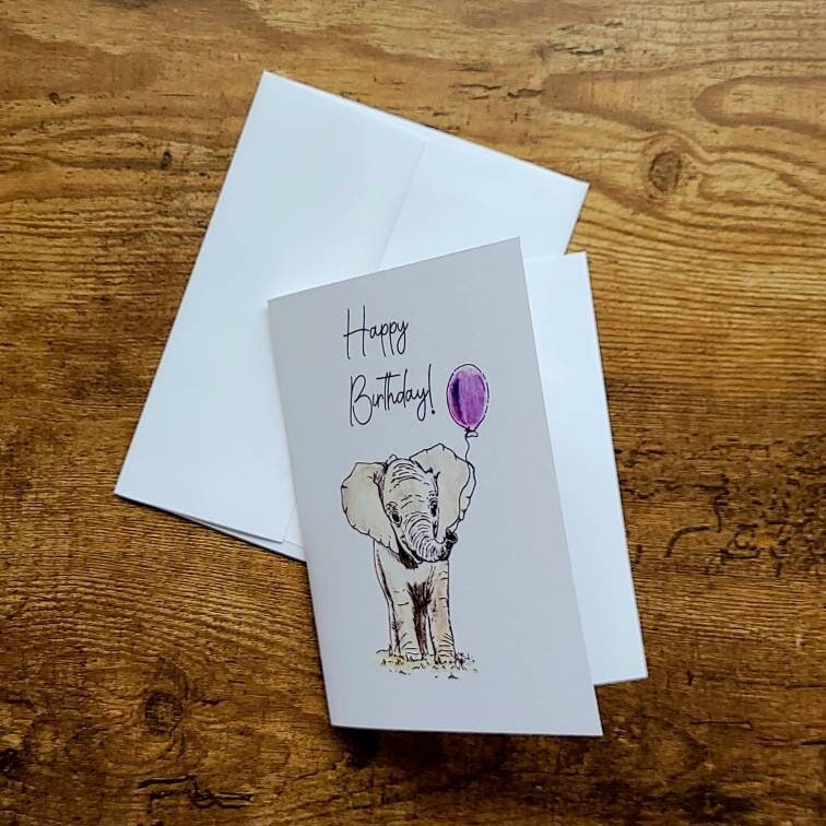 Happy Birthday card, Cute Birthday card, Elephant card, Birthday card for kids, Birthday card for friend, Birthday gift, Birthday balloon