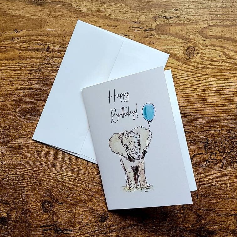 Happy birthday card, Elephant birthday card, Kids birthday card, Animal with balloon card, Cute card for son daughter, Birthday celebration