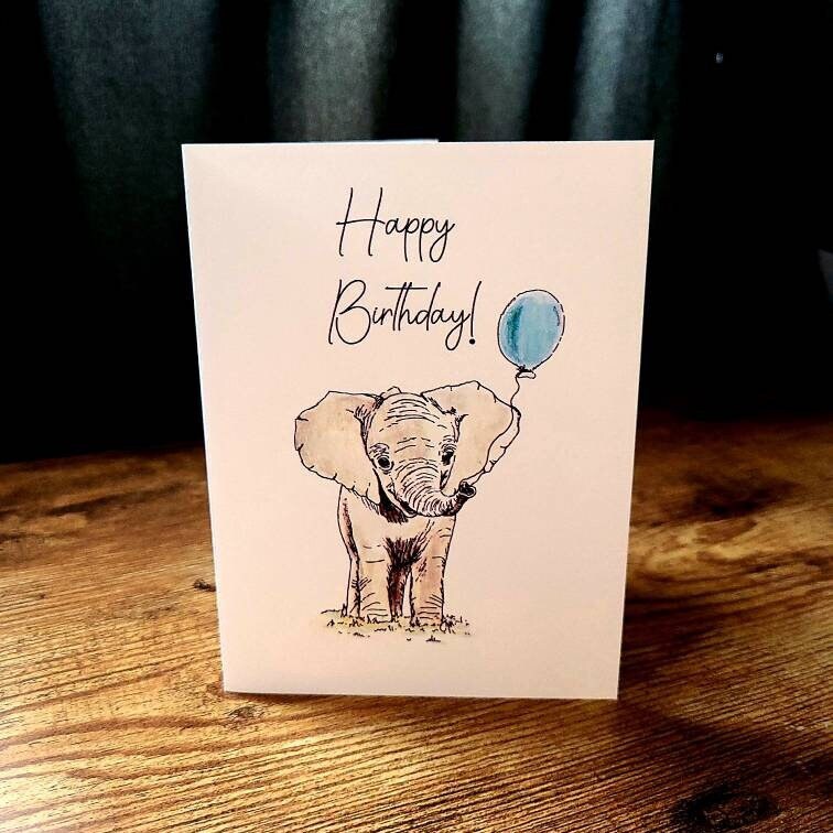 Happy birthday card, Elephant birthday card, Kids birthday card, Animal with balloon card, Cute card for son daughter, Birthday celebration