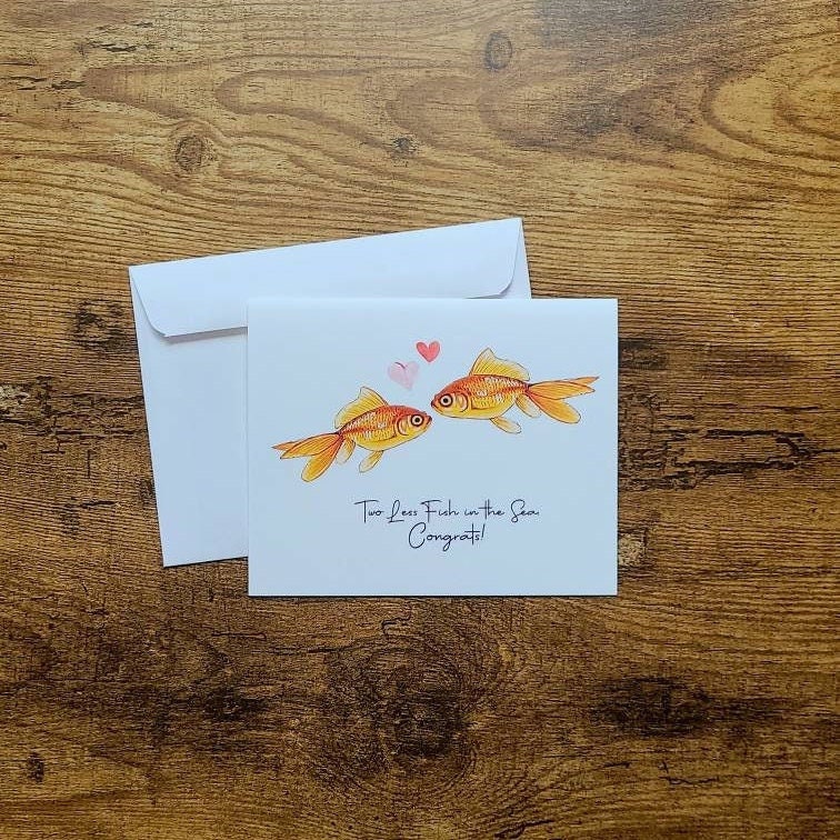 Two less fish in the sea card, Congratulations on your wedding card, Cute wedding card, Engagement card, Card for bride and groom, Love card