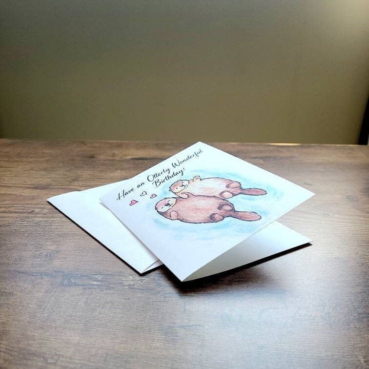 Cute otter birthday card, Have an otterly wonderful birthday, Otter pun birthday card, Otters holding hands, Adorable animal birthday card