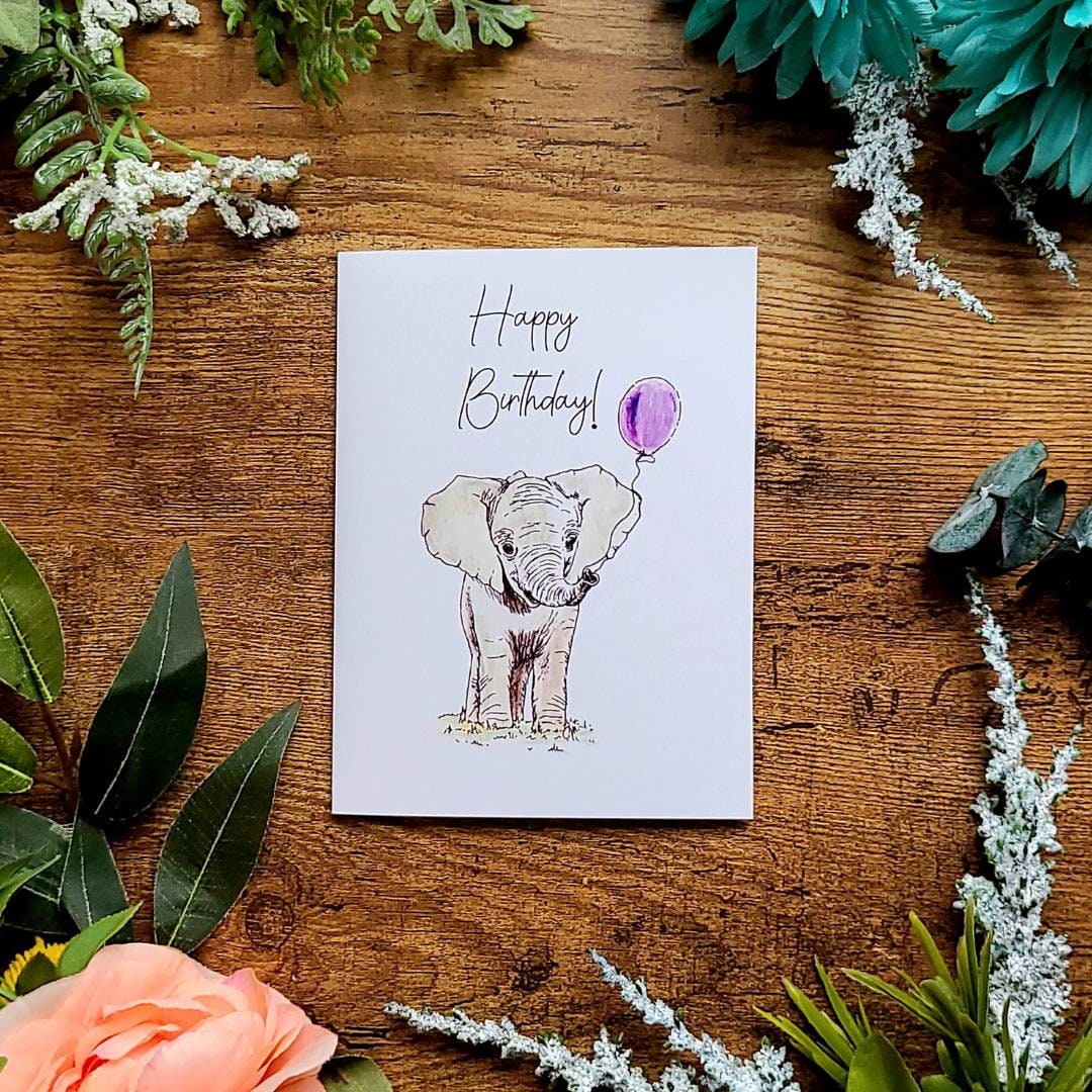 Happy Birthday card, Cute Birthday card, Elephant card, Birthday card for kids, Birthday card for friend, Birthday gift, Birthday balloon