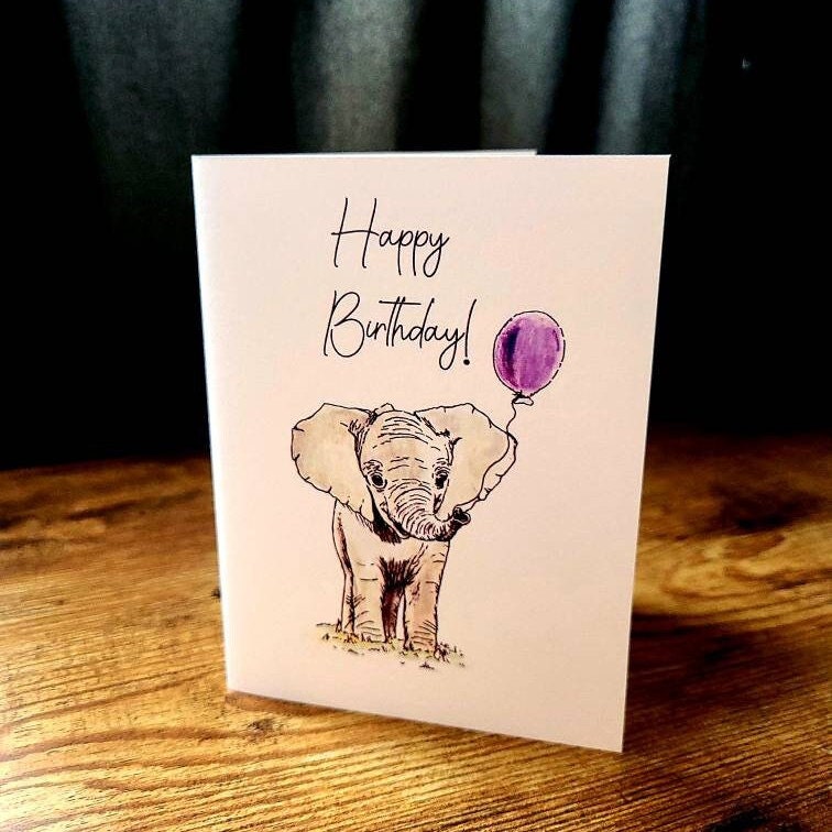 Happy Birthday card, Cute Birthday card, Elephant card, Birthday card for kids, Birthday card for friend, Birthday gift, Birthday balloon