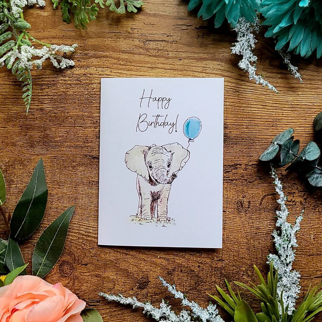 Happy birthday card, Elephant birthday card, Kids birthday card, Animal with balloon card, Cute card for son daughter, Birthday celebration