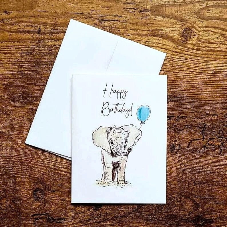 Happy birthday card, Elephant birthday card, Kids birthday card, Animal with balloon card, Cute card for son daughter, Birthday celebration