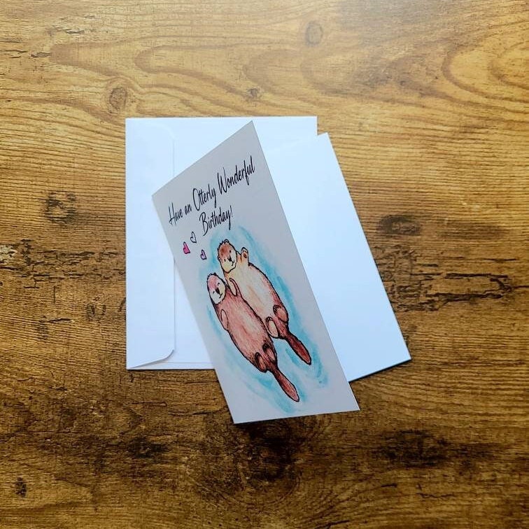 Cute otter birthday card, Have an otterly wonderful birthday, Otter pun birthday card, Otters holding hands, Adorable animal birthday card