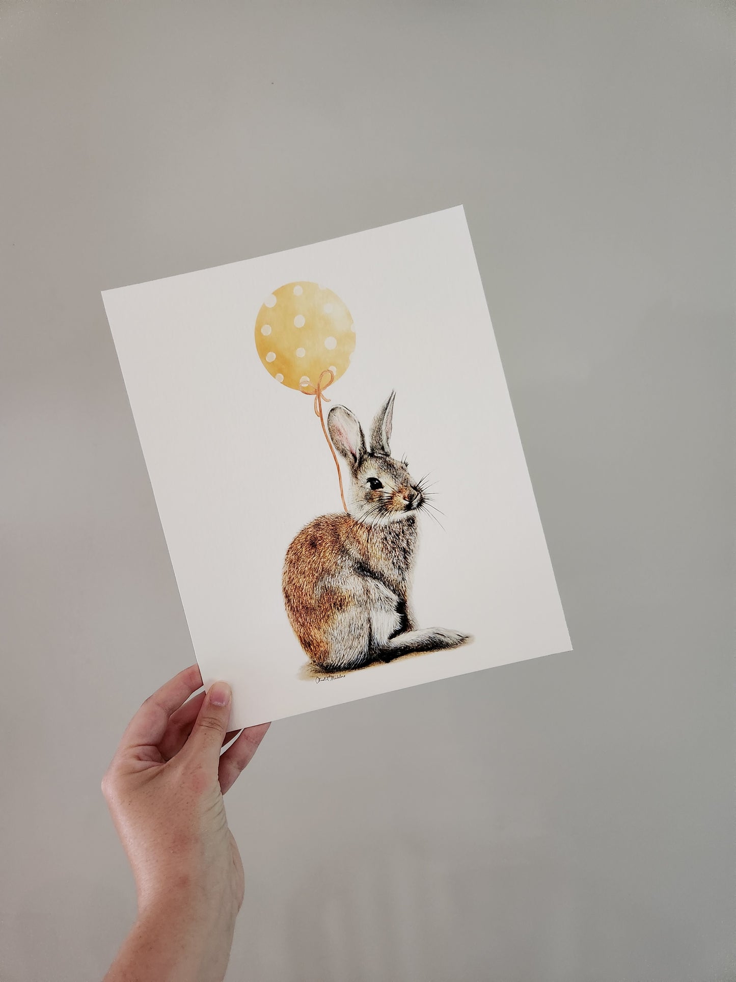 Bunny With Yellow Balloon, Woodland nursery art, Art print on cardstock