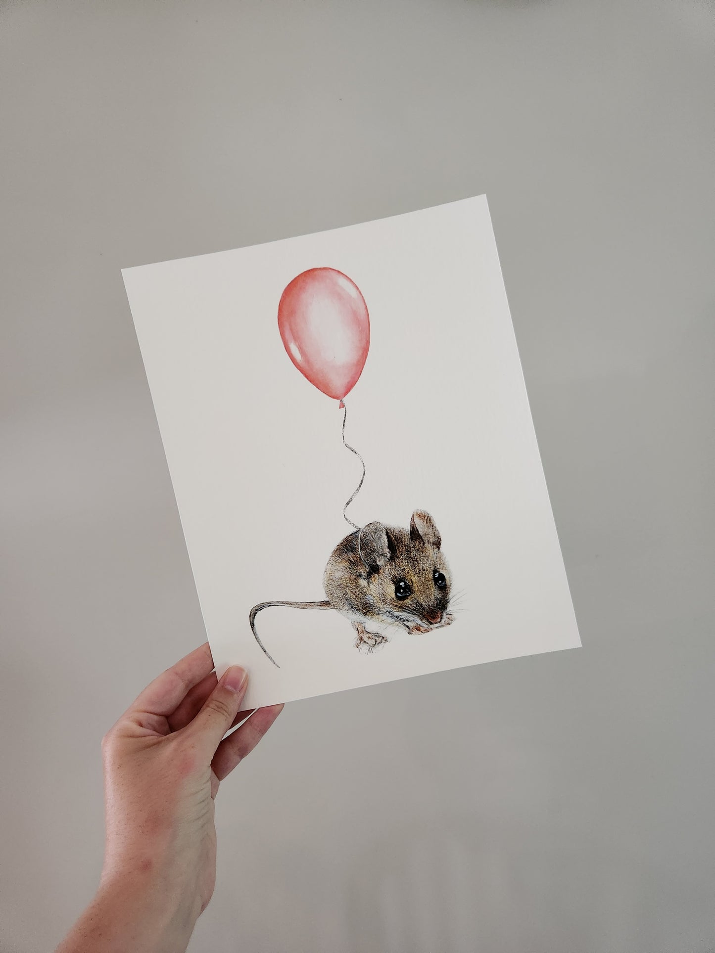 Mouse With Pink Balloon, Woodland nursery art, Giclee print on fine art paper