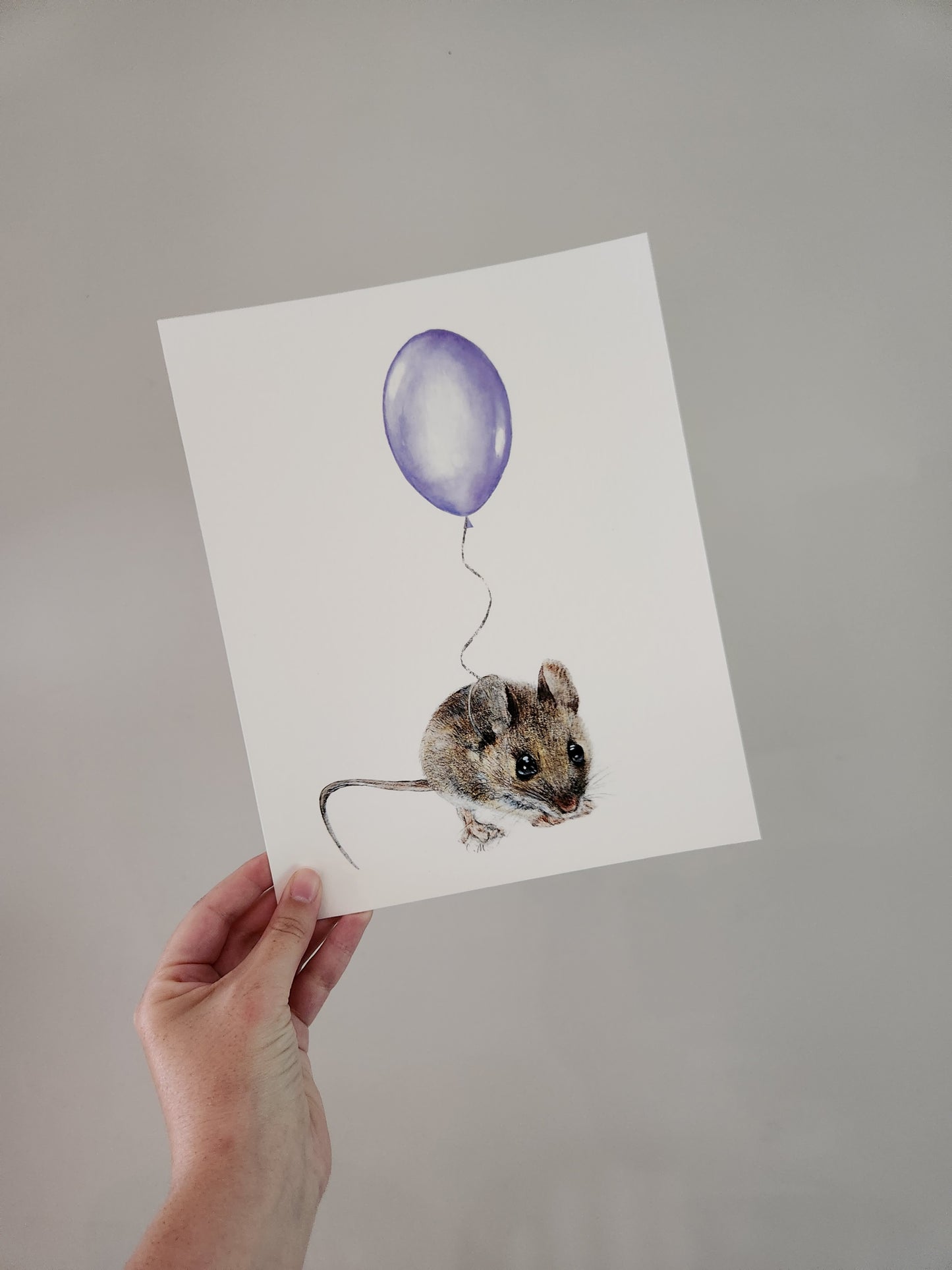 Mouse With Purple Balloon, Woodland nursery art, Giclee print on fine art paper