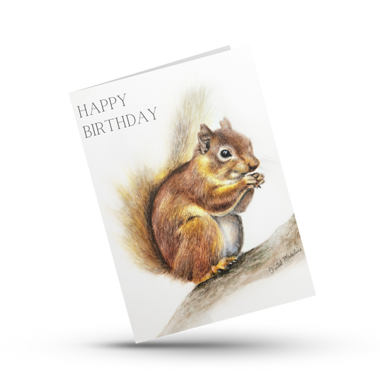 Happy Birthday woodland squirrel greeting card, Card for outdoorsy dad, Grandpa, husband, Wife, Cute Animal illustration children's card