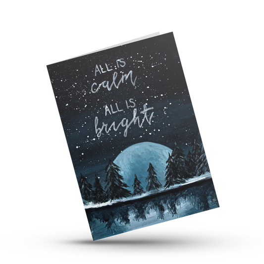 All is calm, All is bright, Silent night Christmas card, Snowy woodland Christmas card, Christmas tree forest card, Outdoorsy holiday card