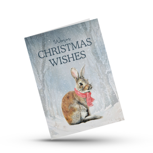 Warm Christmas wishes, Woodland bunny holiday card, Wildlife lover greeting card, Rabbit art, Cute animal card for mom, dad, teacher, friend