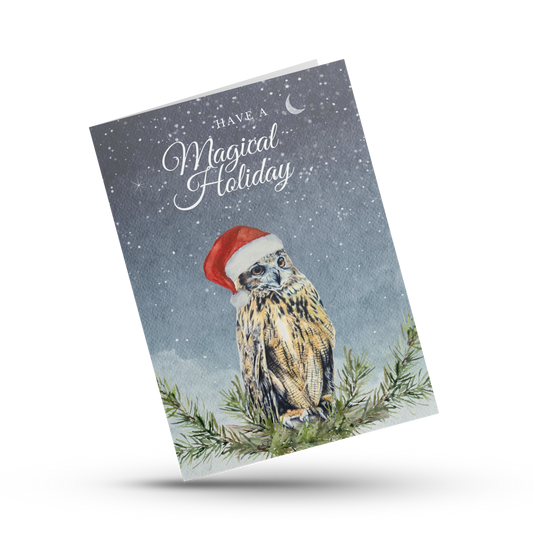 Have a magical holiday, Cute woodland owl Christmas card, Forest animal greeting, Witchy owl xmas, Stationary note card, Bird lover holiday