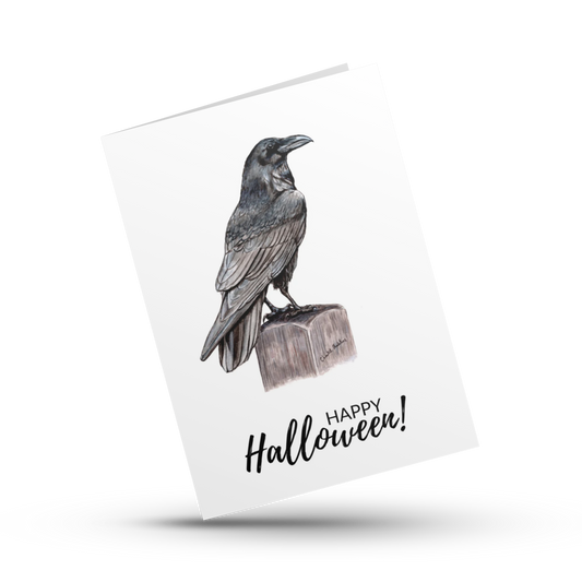 Happy Halloween card raven, Raven art card, Fine art ink drawing, Spooky season raven card, Gothic Halloween card, Witchy card, Crow card