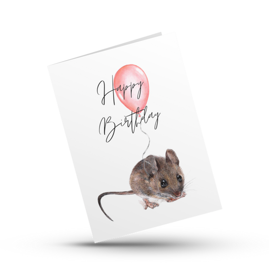 Birthday mouse card, Happy birthday card, Cute woodland animal card, First birthday party card for kids, Mouse with ballon card for child